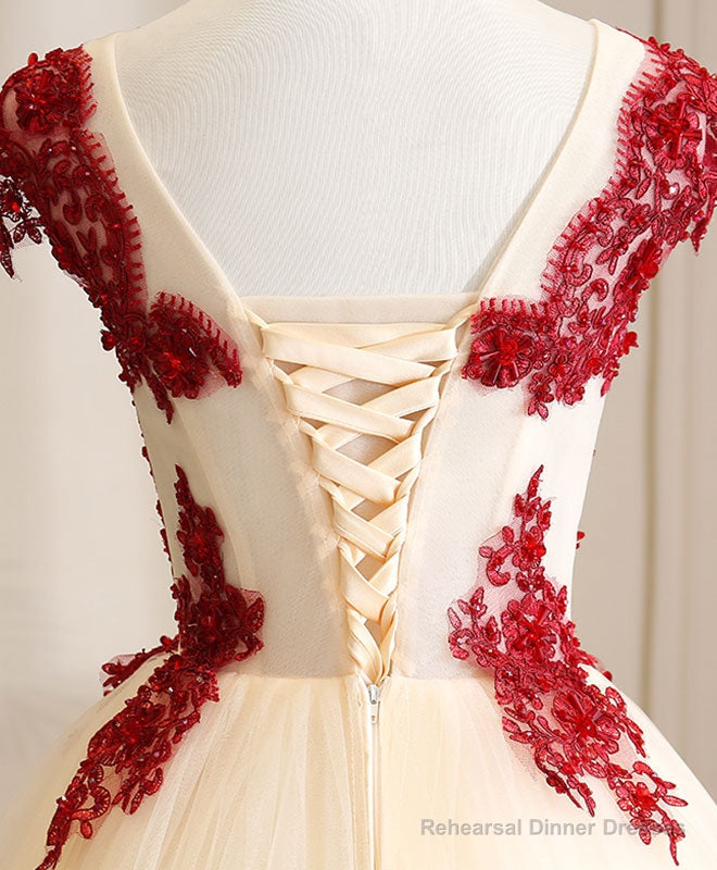 Burgundy Tulle Beads Lace Long Prom Dress Sweet 16 Dress