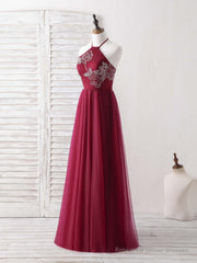 Burgundy Tulle Beads Long Prom Dress Burgundy Evening Dress
