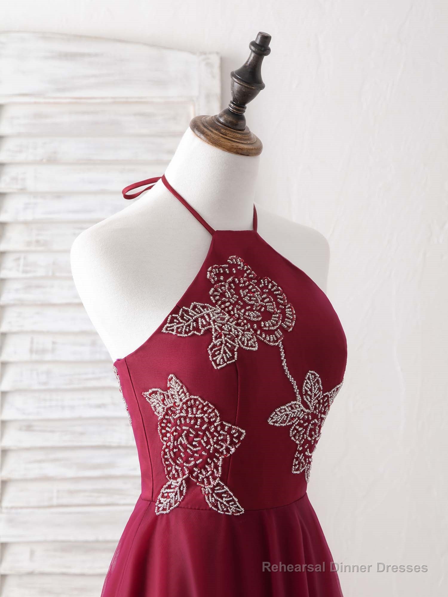 Burgundy Tulle Beads Long Prom Dress Burgundy Evening Dress