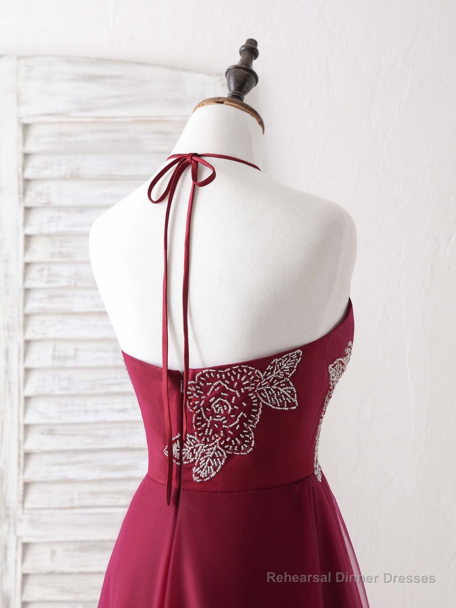 Burgundy Tulle Beads Long Prom Dress Burgundy Evening Dress
