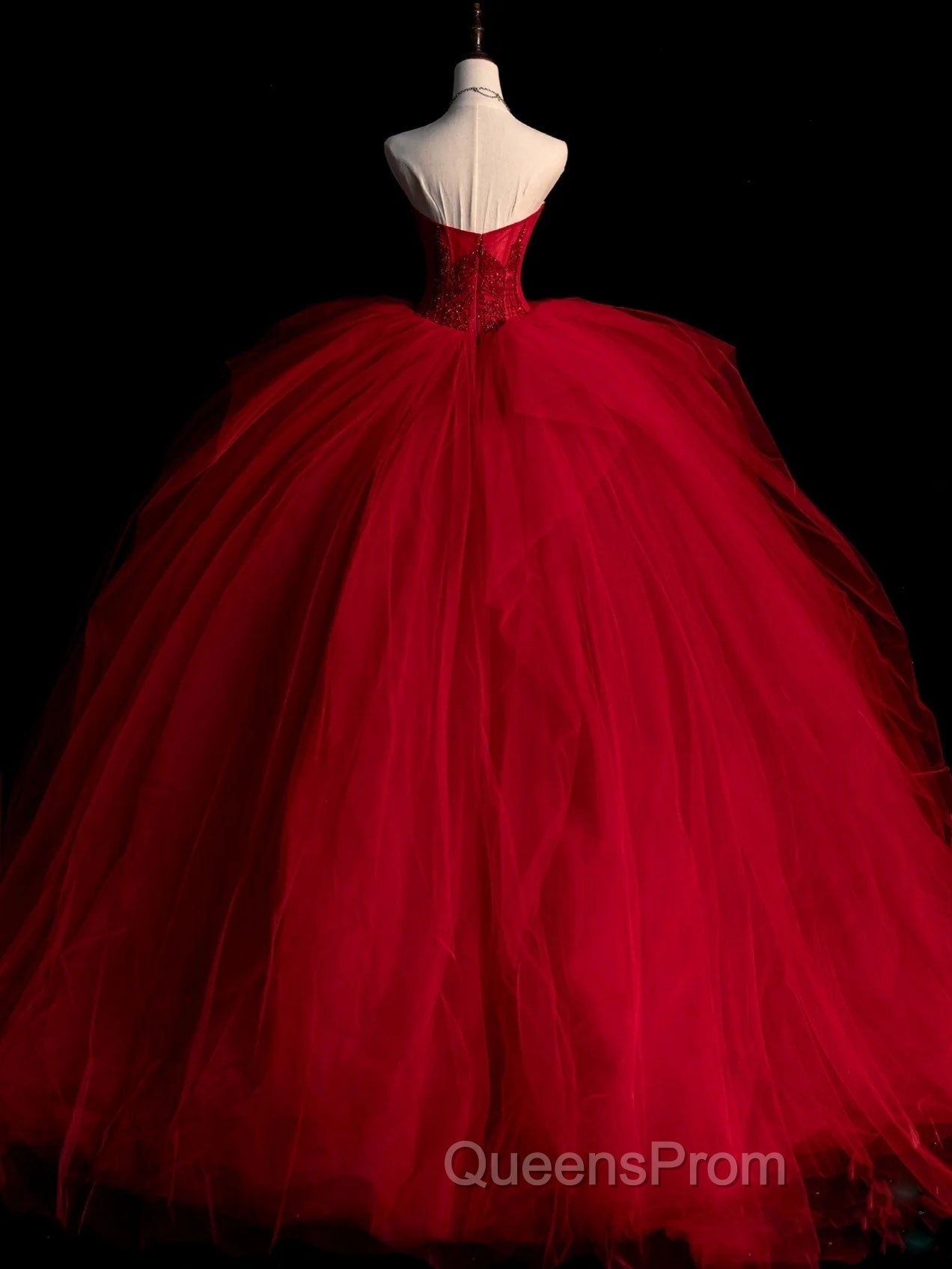 Burgundy Tulle Beads Long Evening Prom Dress, Burgundy Tulle Evening Party Dress Secondary image