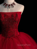 Burgundy Tulle Beads Long Evening Prom Dress, Burgundy Tulle Evening Party Dress