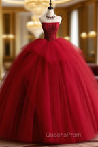 Burgundy Tulle Beads Long Evening Prom Dress, Burgundy Tulle Evening Party Dress