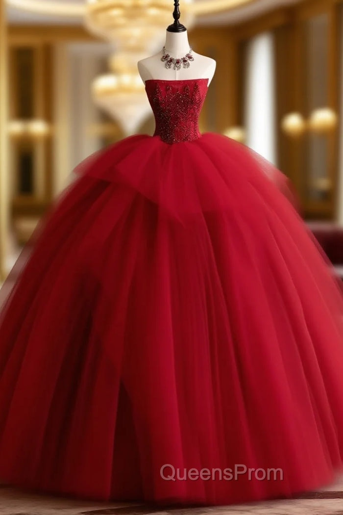 Burgundy Tulle Beads Long Evening Prom Dress, Burgundy Tulle Evening Party Dress