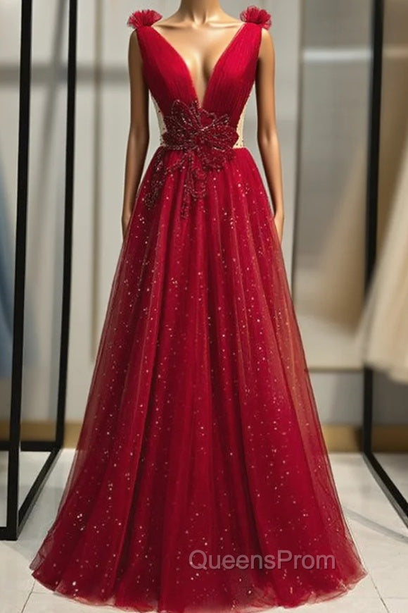 Burgundy Tulle Deep V-neck Backless Beading Evening Prom Dress