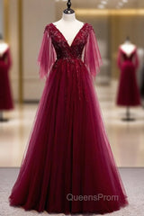 Burgundy Tulle Deep V-neck Beading Evening Prom Dress