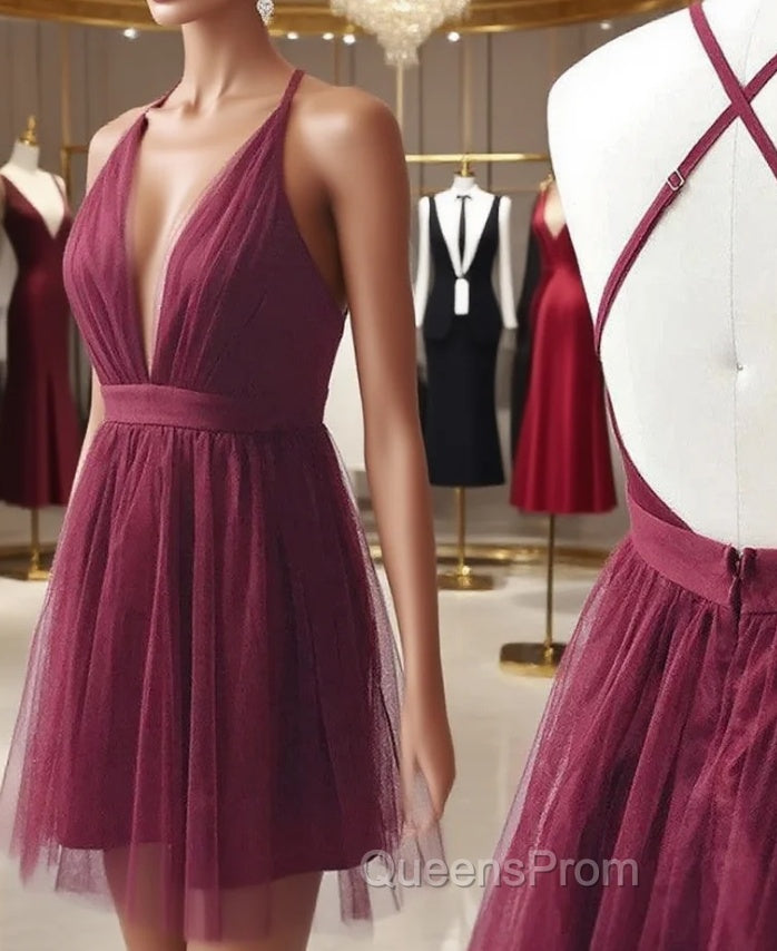 Burgundy Tulle Deep V-neck Homecoming Dress Main image