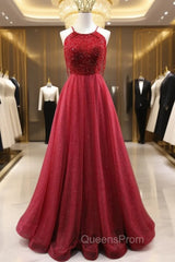Burgundy Tulle Halter Beading Evening Prom Dress