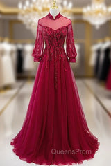 Burgundy Tulle High Neck Long Sleeve Appliques Evening Prom Dress