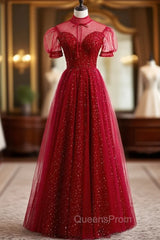 Burgundy Tulle High Neck Short Sleeve Beading Sequins Evening Prom Dress