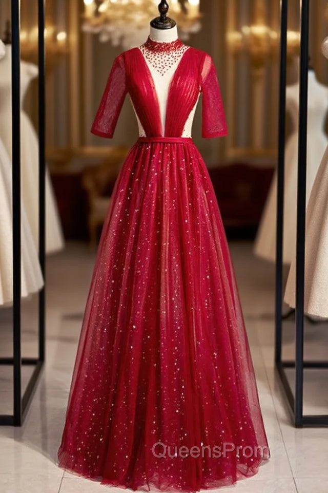 Burgundy Tulle High Neck Short Sleeve Pleats Beading Evening Prom Dress