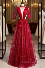 Burgundy Tulle High Neck Short Sleeve Pleats Beading Evening Prom Dress