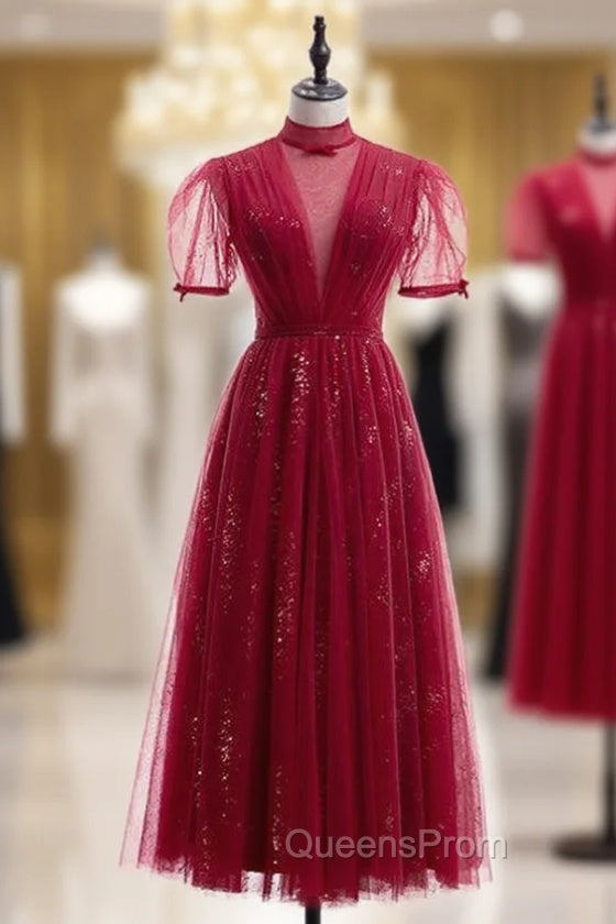 Burgundy Tulle High Neck Short Sleeve Evening Prom Dress Main image