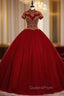Burgundy Tulle High Neck Short Sleeve Quinceanera Dress