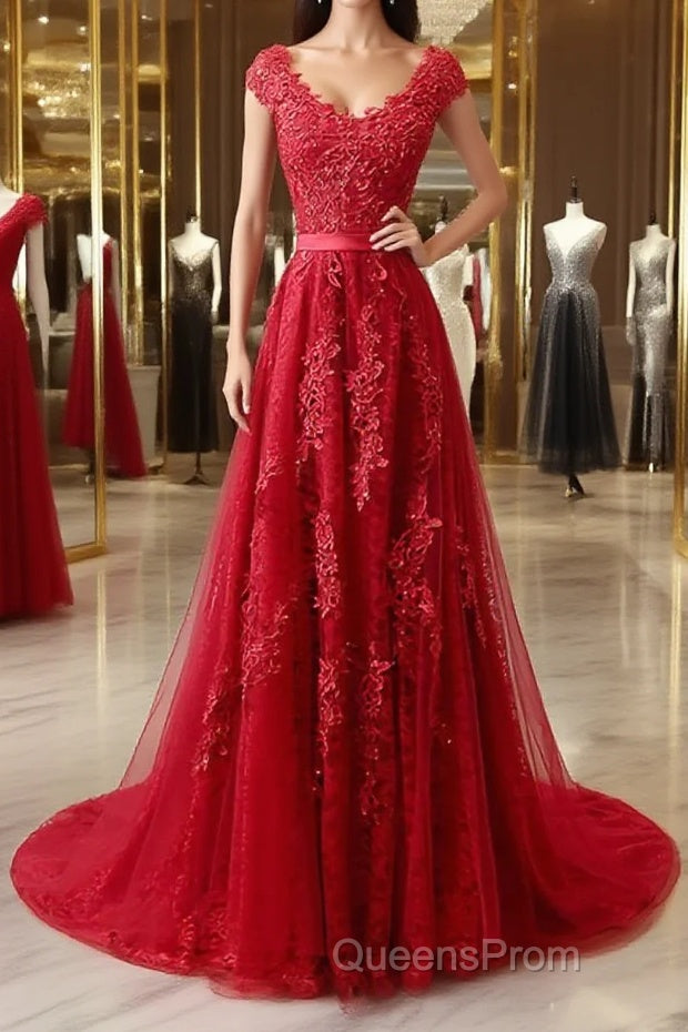 Burgundy tulle lace applique long Evening Prom Dress, burgundy evening Dress Main image