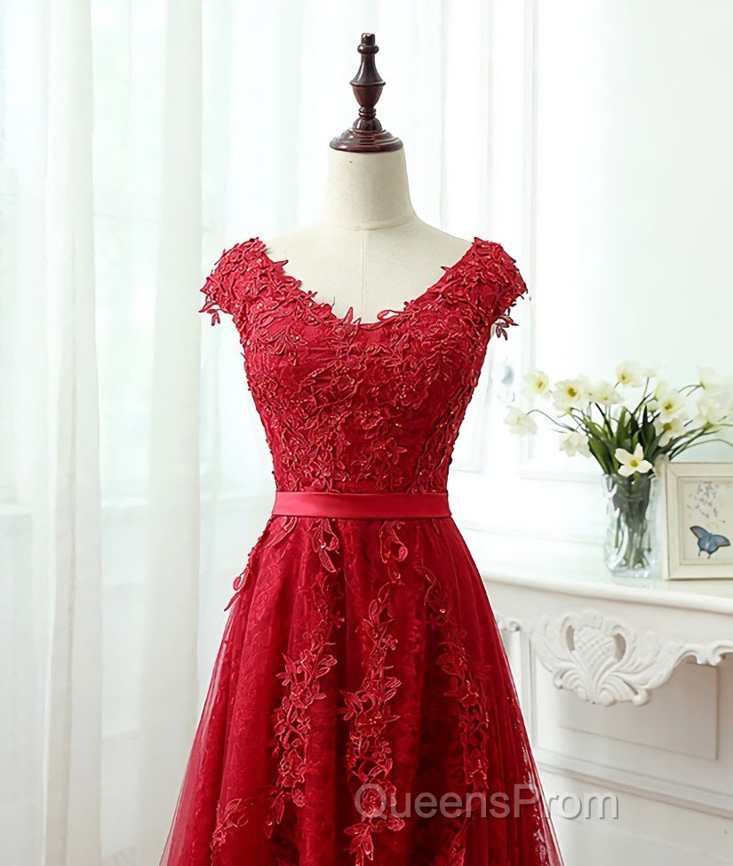 Burgundy tulle lace applique long Evening Prom Dress, burgundy evening Dress