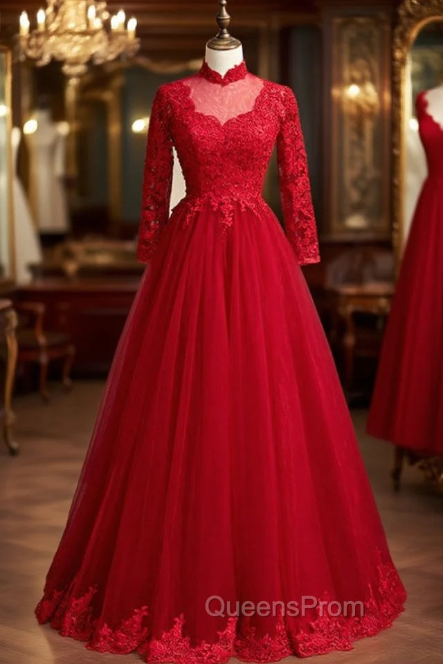 Burgundy Tulle Lace High Neck Long Sleeve Backless Evening Prom Dress