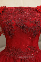 Burgundy Tulle Lace Long Evening Prom Dress, Burgundy A-Line Evening Gown