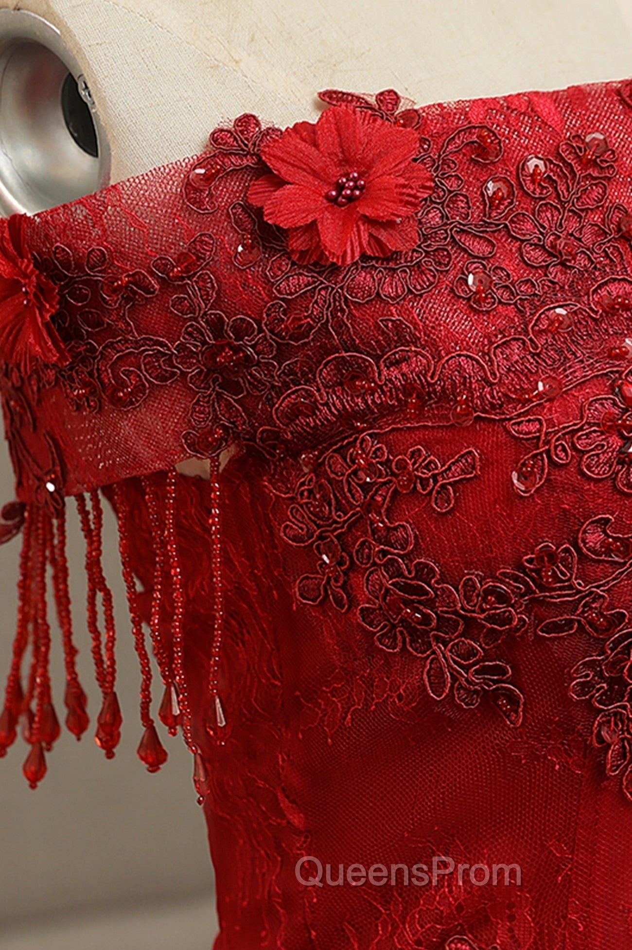 Burgundy Tulle Lace Long Evening Prom Dress, Burgundy A-Line Evening Gown