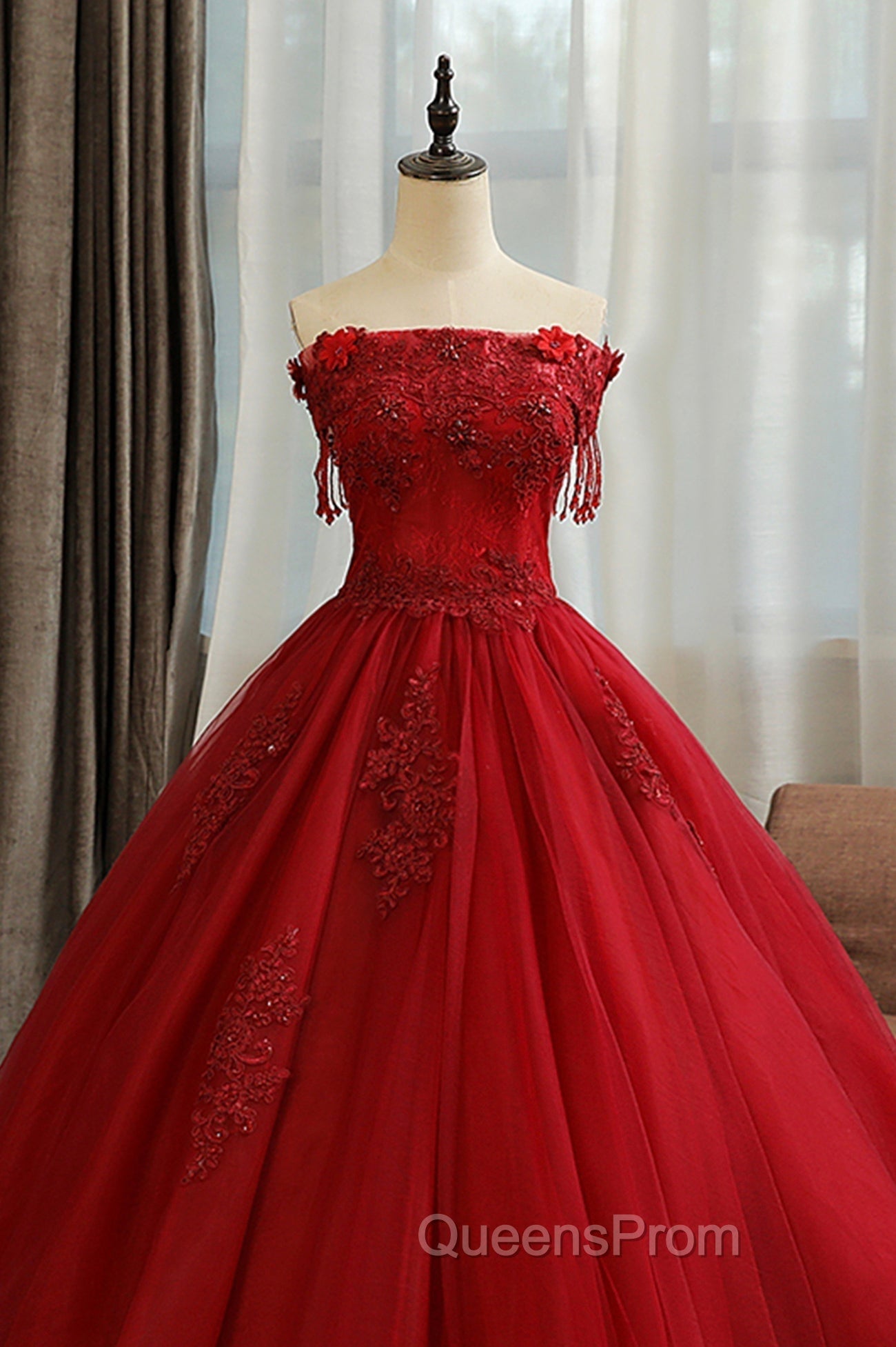 Burgundy Tulle Lace Long Evening Prom Dress, Burgundy A-Line Evening Gown
