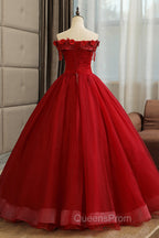 Burgundy Tulle Lace Long Evening Prom Dress, Burgundy A-Line Evening Gown
