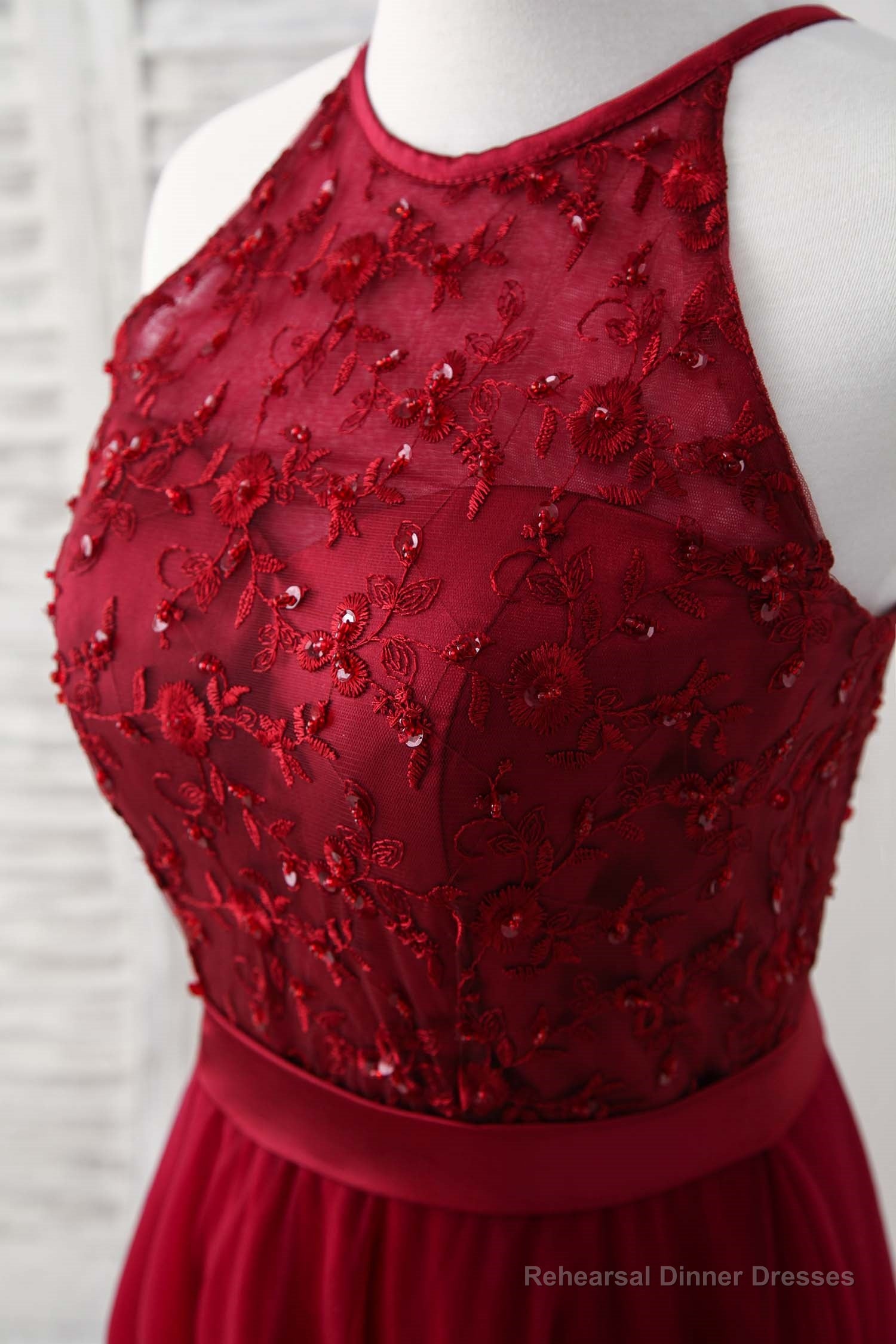 Burgundy Tulle Lace Long Prom Dress, Burgundy Bridesmaid Dress