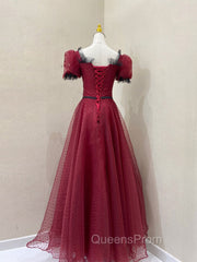 Burgundy Tulle Lace Long Evening Prom Dress, Burgundy Evening Dress