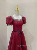 Burgundy Tulle Lace Long Evening Prom Dress, Burgundy Evening Dress