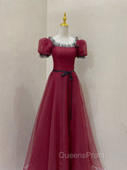 Burgundy Tulle Lace Long Evening Prom Dress, Burgundy Evening Dress