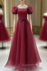 Burgundy Tulle Lace Long Evening Prom Dress, Burgundy Evening Dress