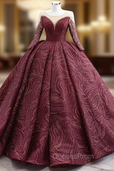 Burgundy Tulle Lace Long Sleeve Evening Prom Dress