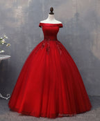 Burgundy Tulle Lace Off Shoulder Long Prom Gown Burgundy Evening Dress