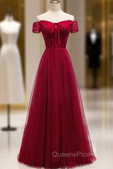 Burgundy Tulle Lace Off the Shoulder Evening Prom Dress With Button