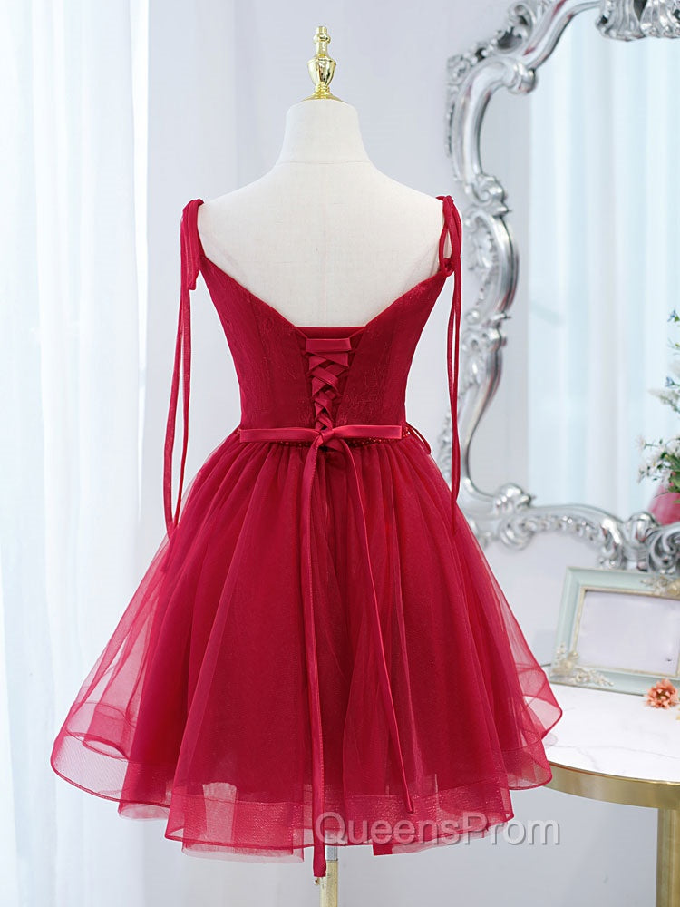 Burgundy Tulle Lace Short Evening Prom Dress, Burgundy Homecoming Dress Secondary image