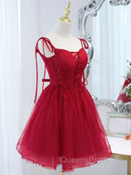 Burgundy Tulle Lace Short Evening Prom Dress, Burgundy Homecoming Dress