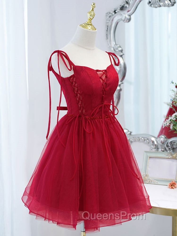 Burgundy Tulle Lace Short Evening Prom Dress, Burgundy Homecoming Dress