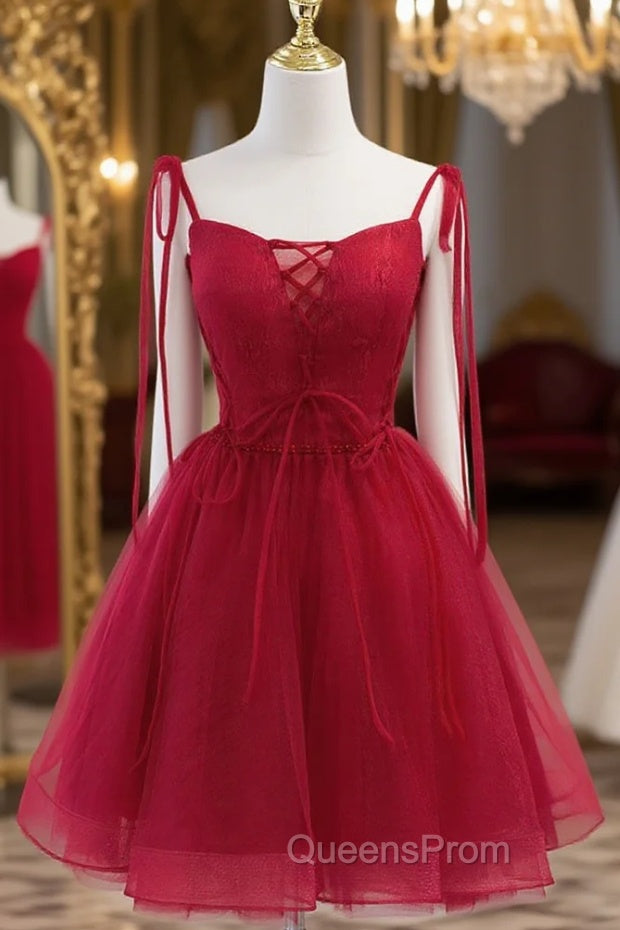 Burgundy Tulle Lace Short Evening Prom Dress, Burgundy Homecoming Dress Main image