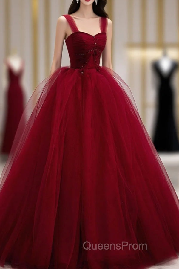 Burgundy Tulle Long A-Line Evening Dress, Off the Shoulder Evening Party Dress Secondary image