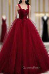 Burgundy Tulle Long A-Line Evening Dress, Off the Shoulder Evening Party Dress