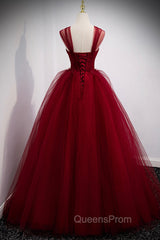 Burgundy Tulle Long A-Line Evening Dress, Off the Shoulder Evening Party Dress