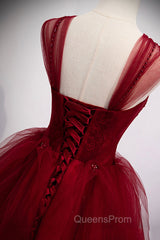 Burgundy Tulle Long A-Line Evening Dress, Off the Shoulder Evening Party Dress