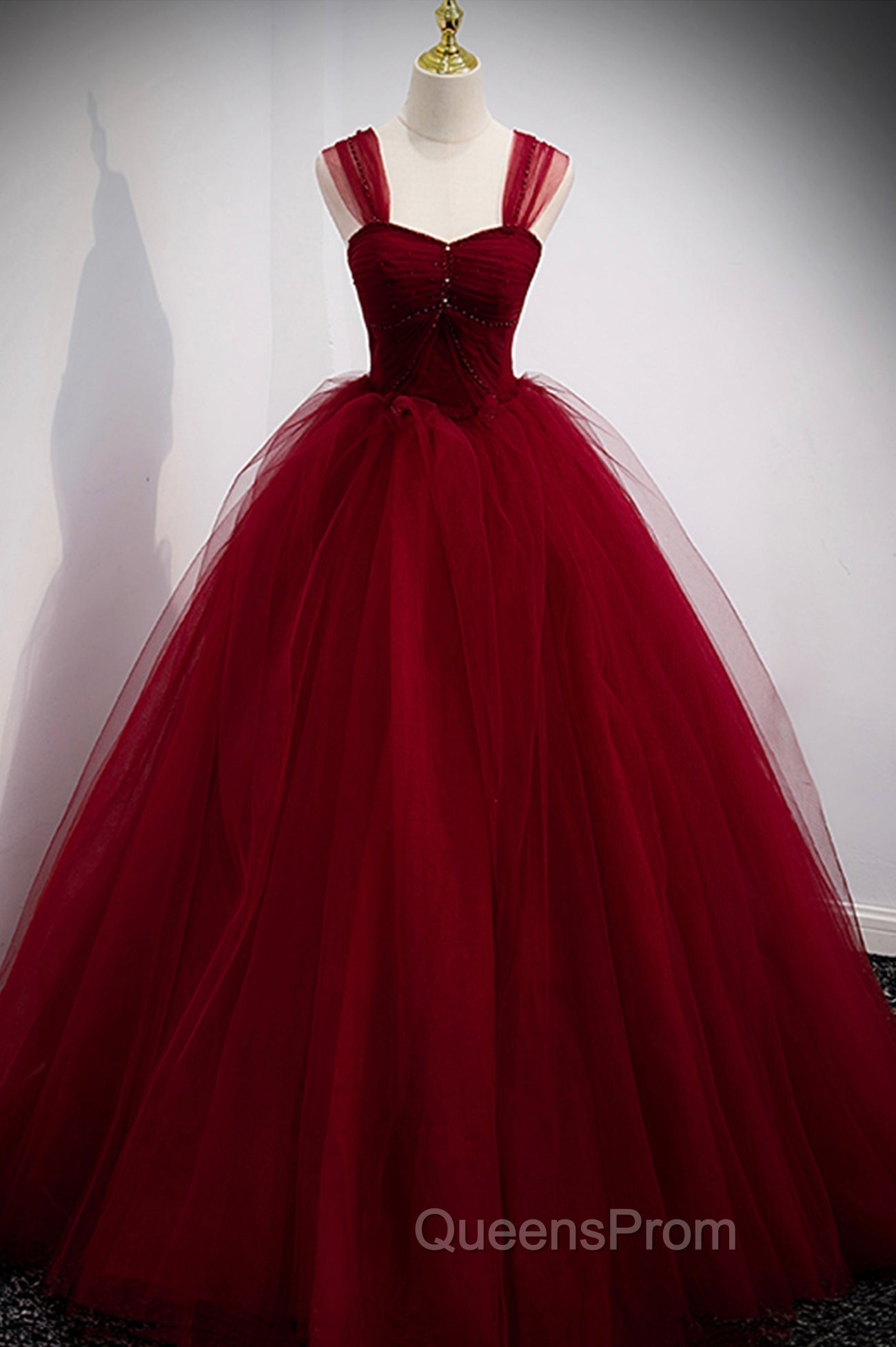 Burgundy Tulle Long A-Line Evening Dress, Off the Shoulder Evening Party Dress