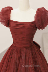 Burgundy Tulle Long A-Line Evening Prom Dress, Cute Short Sleeve Evening Dress