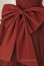 Burgundy Tulle Long A-Line Evening Prom Dress, Cute Short Sleeve Evening Dress