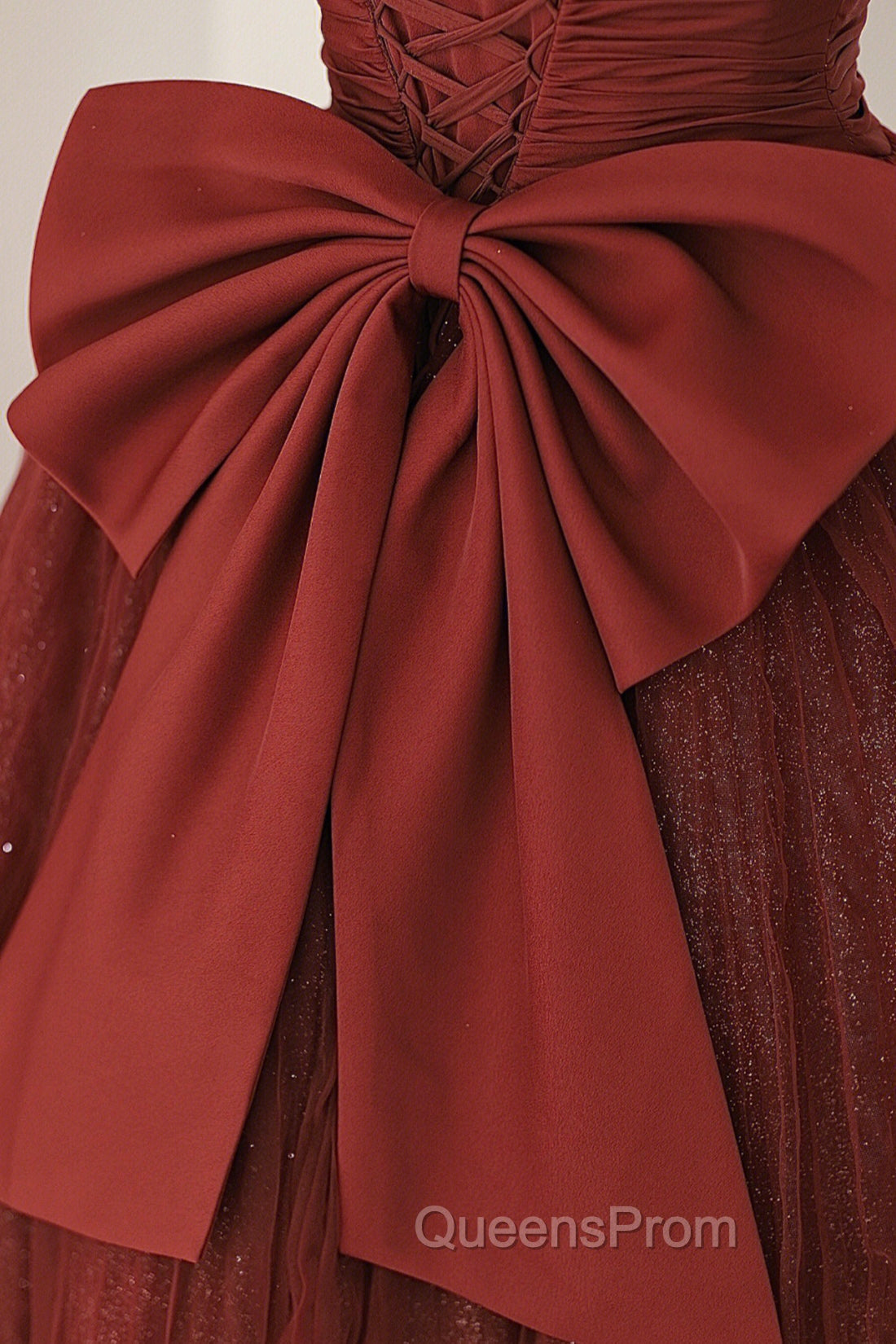 Burgundy Tulle Long A-Line Evening Prom Dress, Cute Short Sleeve Evening Dress