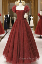 Burgundy Tulle Long A-Line Evening Prom Dress, Cute Short Sleeve Evening Dress