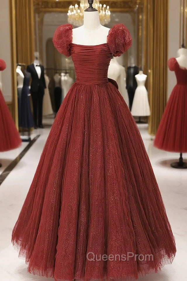 Burgundy Tulle Long A-Line Evening Prom Dress, Cute Short Sleeve Evening Dress