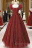 Burgundy Tulle Long A-Line Evening Prom Dress, Cute Short Sleeve Evening Dress
