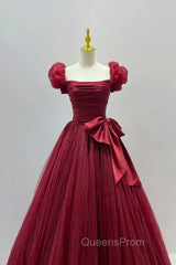 Burgundy Tulle Long A-Line Evening Prom Dress, Lovely Evening Graduation Dress