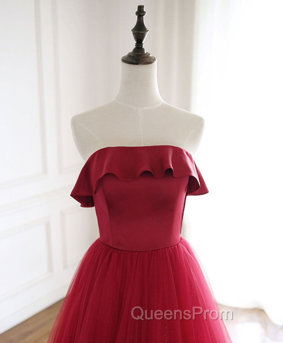 Burgundy Tulle Long Evening Prom Dress, A line Burgundy Evening Party Dress